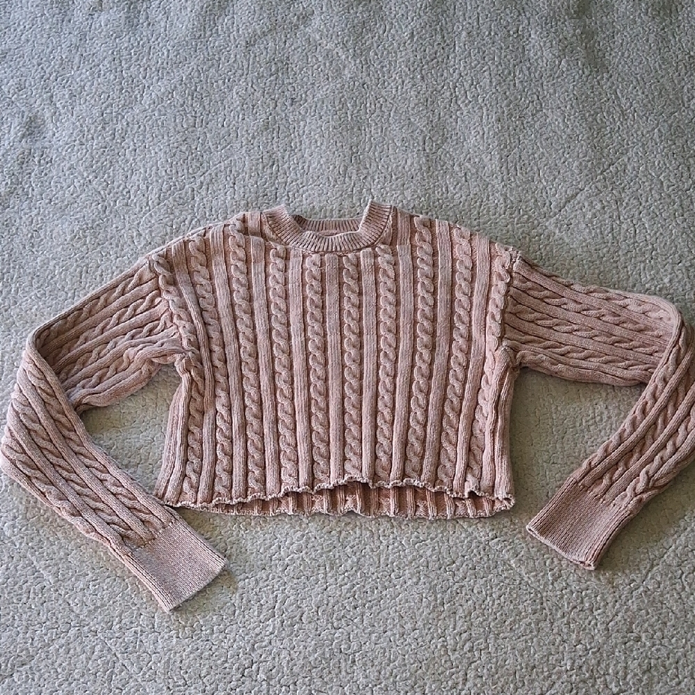 Aerie Pink Cable Knit Cropped Sweatshirt